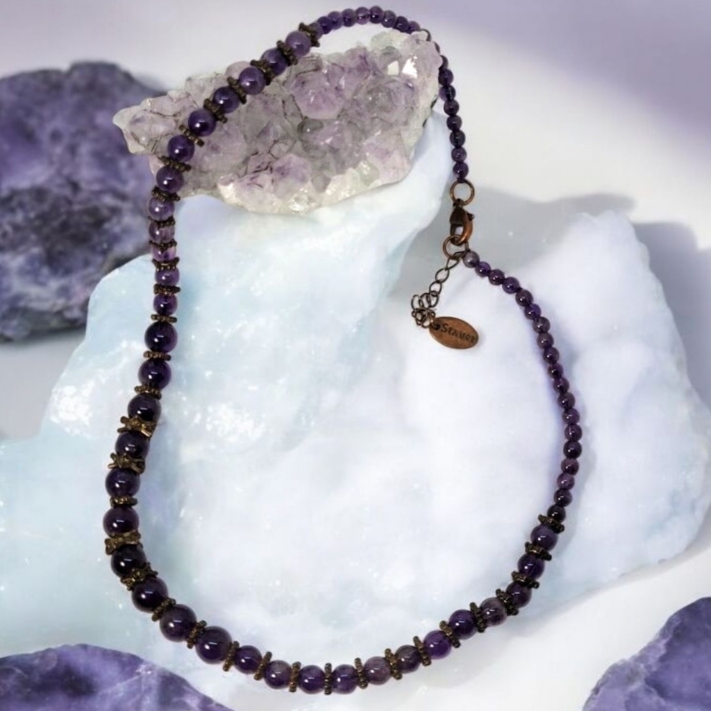 Stauer Amethyst Bead Beaded Royal Purple Necklace Copper Tone Vintage 40$